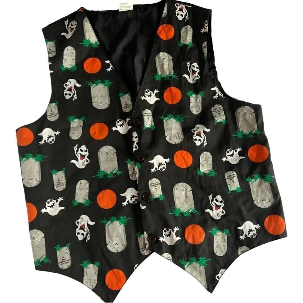 Fun Vintage 1990’s Novelty Pumpkin Ghost Tombstone Halloween Party Vest